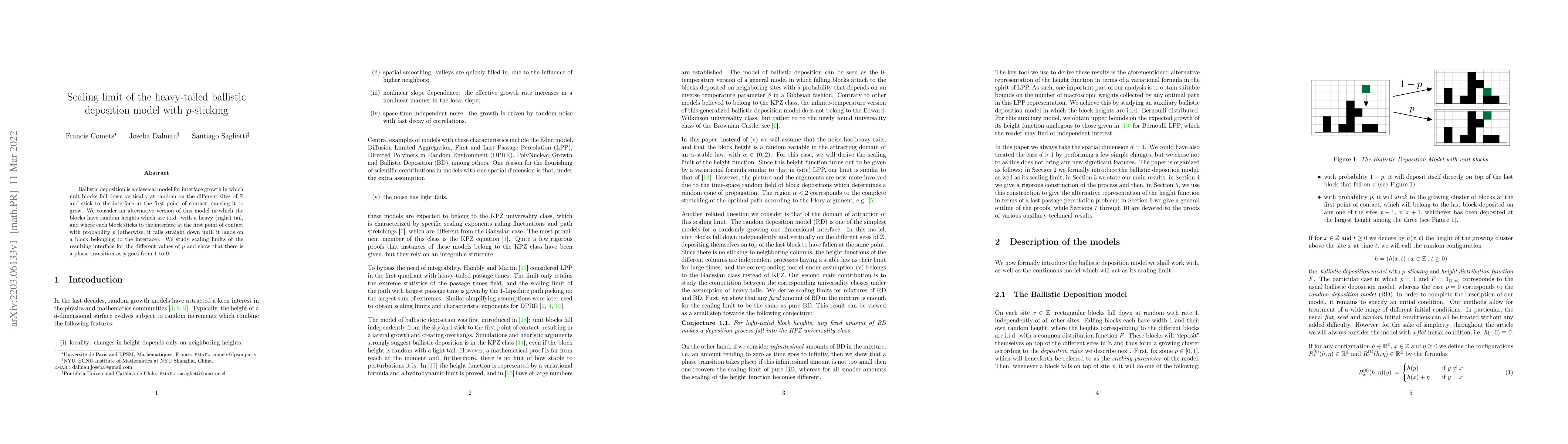 Thumbnail for Scaling limit of the heavy-tailed ballistic deposition model with
  $p$-sticking
