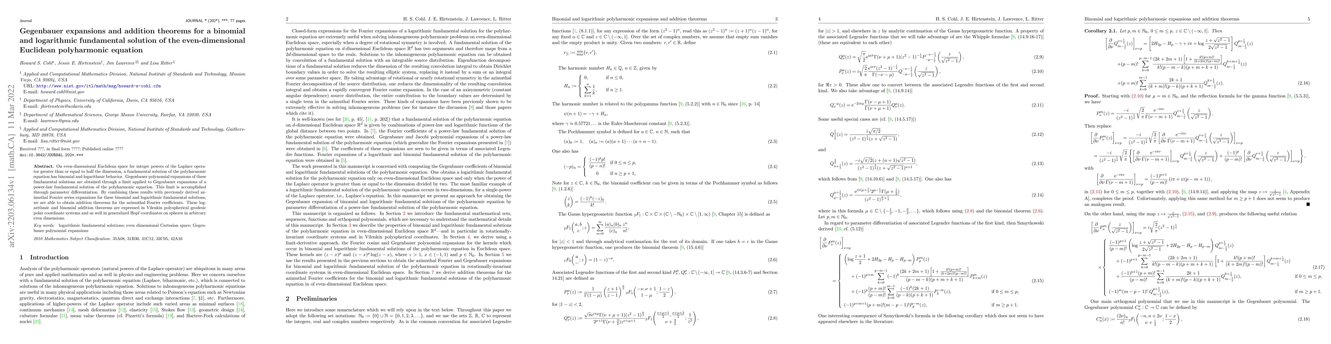 Thumbnail for Gegenbauer expansions and addition theorems for a binomial and
  logarithmic fundamental solution of the even-dimensional Euclidean
  polyharmonic equation