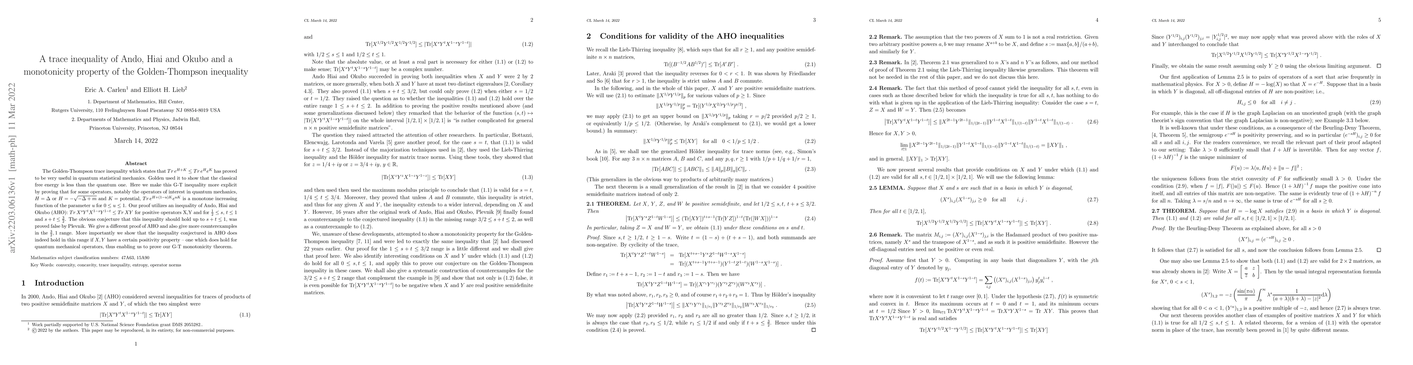 Thumbnail for A trace inequality of Ando, Hiai and Okubo and a monotonicity property
  of the Golden-Thompson inequality