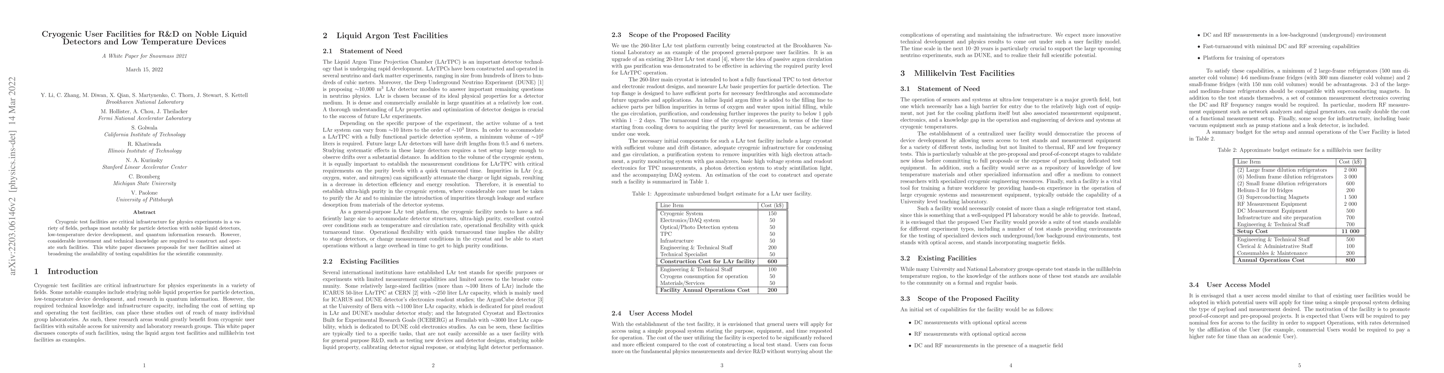 Thumbnail for Cryogenic User Facilities for R&D on Noble Liquid Detectors and Low
  Temperature Devices