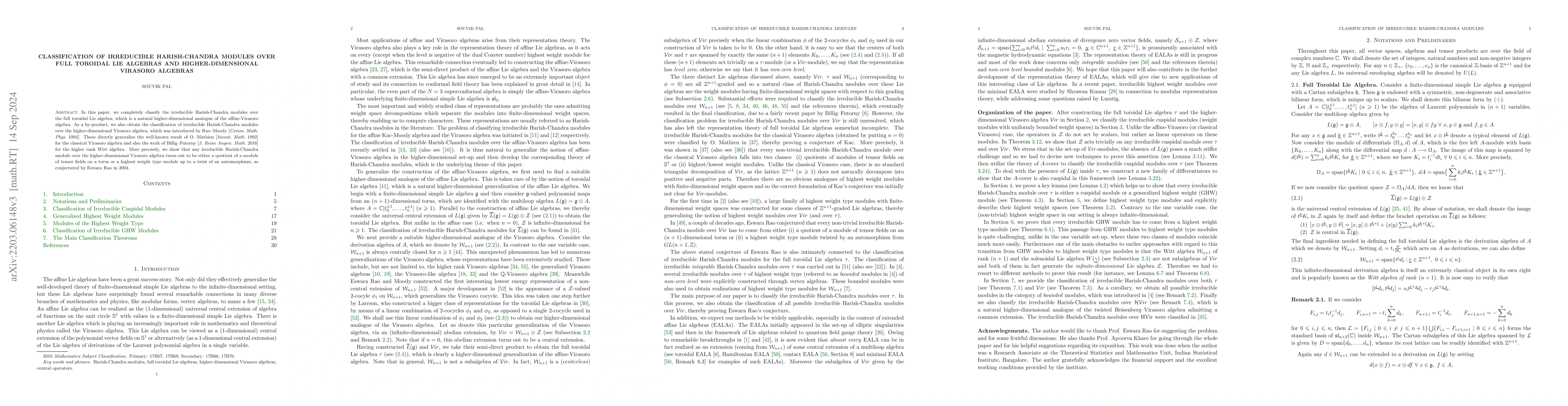 Thumbnail for Classification of irreducible Harish-Chandra modules over full toroidal
  Lie algebras and higher-dimensional Virasoro algebras