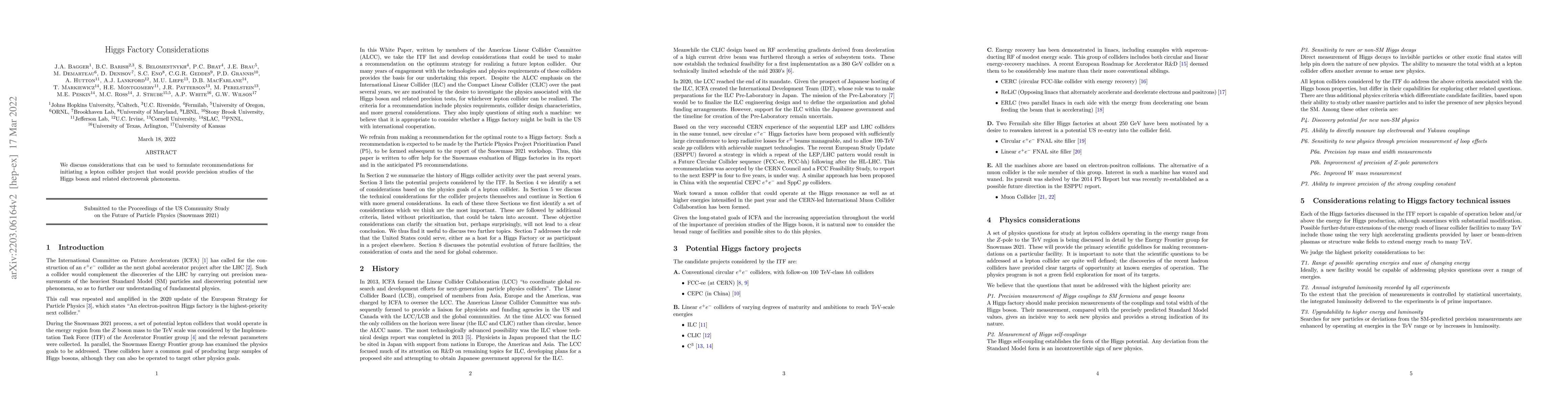 Thumbnail for Higgs Factory Considerations