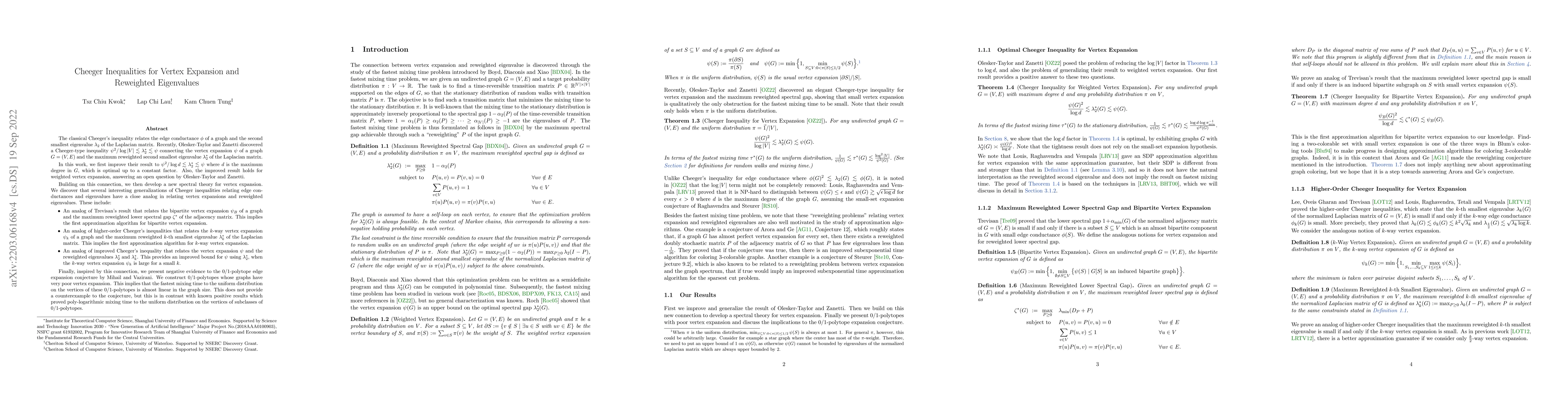Thumbnail for Cheeger Inequalities for Vertex Expansion and Reweighted Eigenvalues