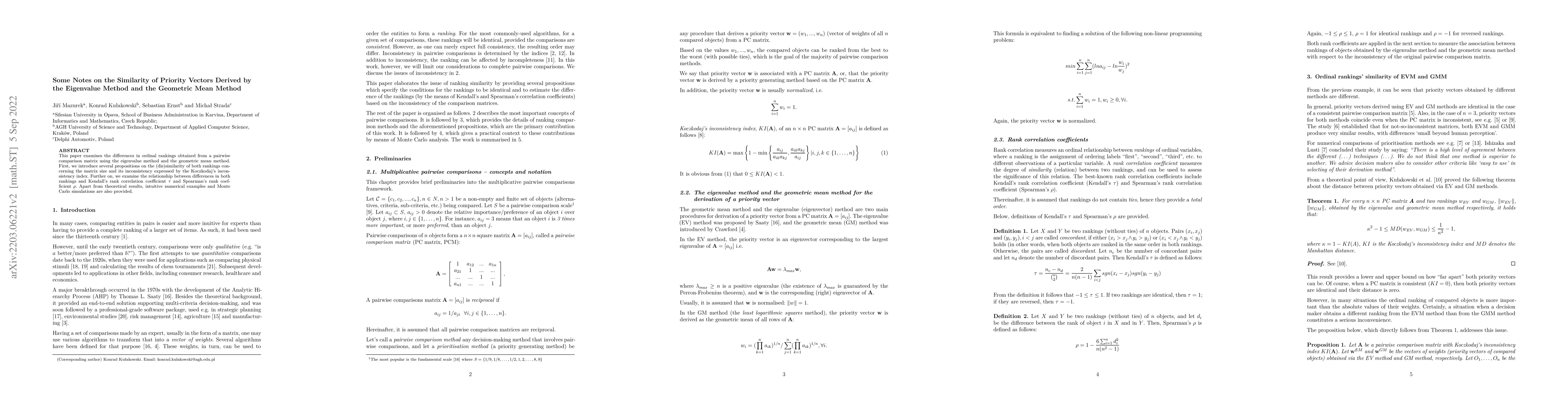 Thumbnail for Some Notes on the Similarity of Priority Vectors Derived by the
  Eigenvalue Method and the Geometric Mean Method