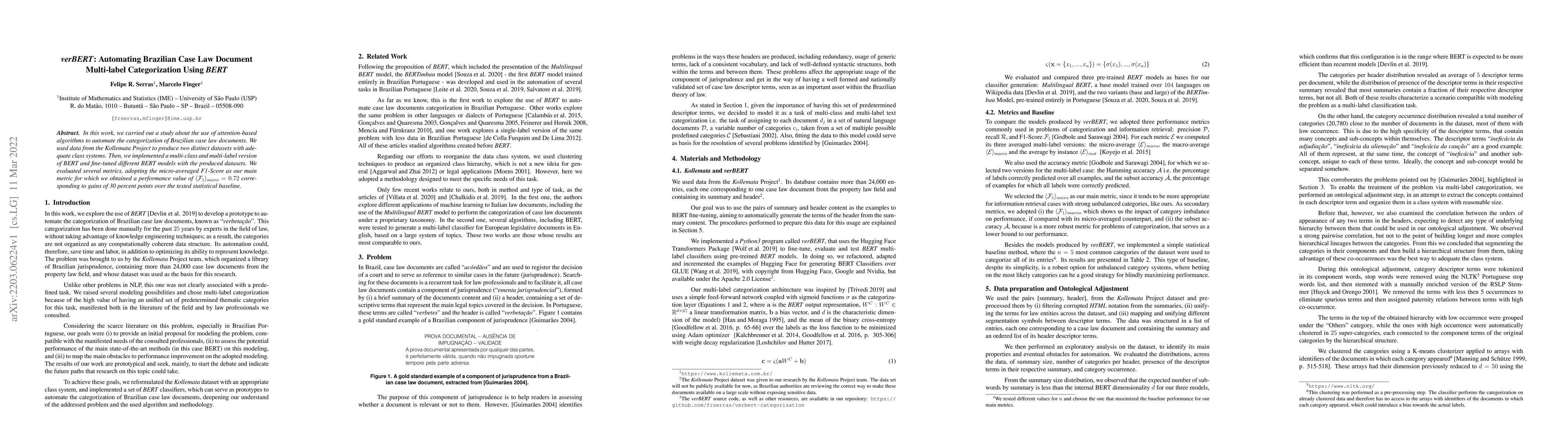 Thumbnail for verBERT: Automating Brazilian Case Law Document Multi-label
  Categorization Using BERT