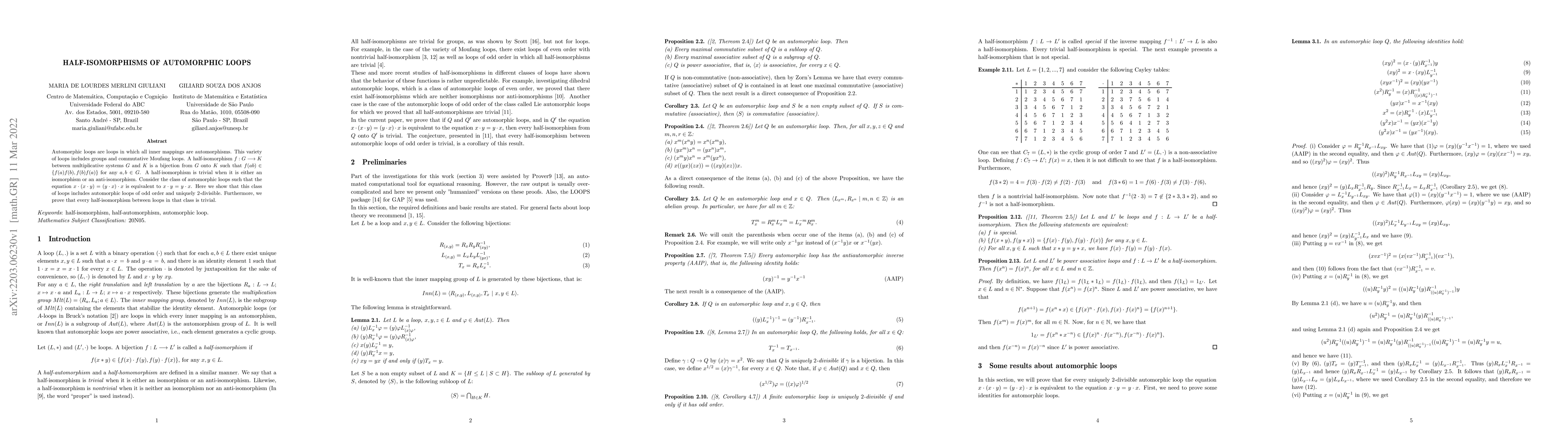 Thumbnail for Half-isomorphisms of automorphic loops