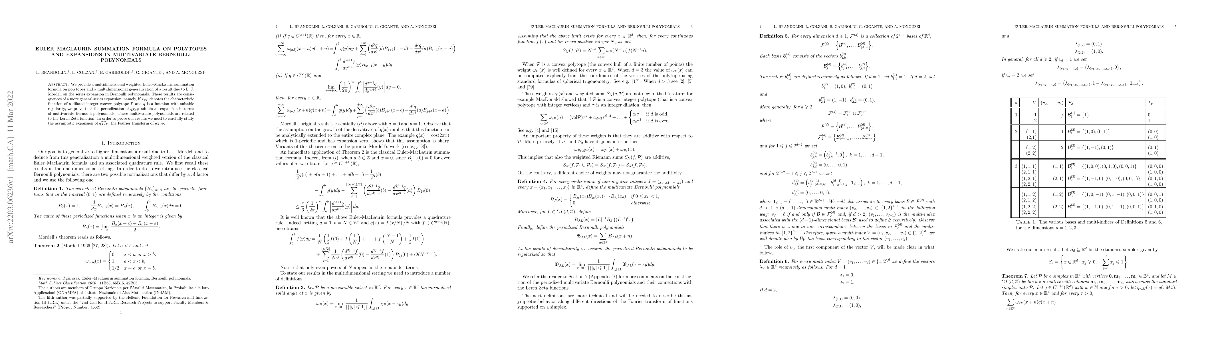 Thumbnail for Euler-MacLaurin summation formula on polytopes and expansions in
  multivariate Bernoulli polynomials