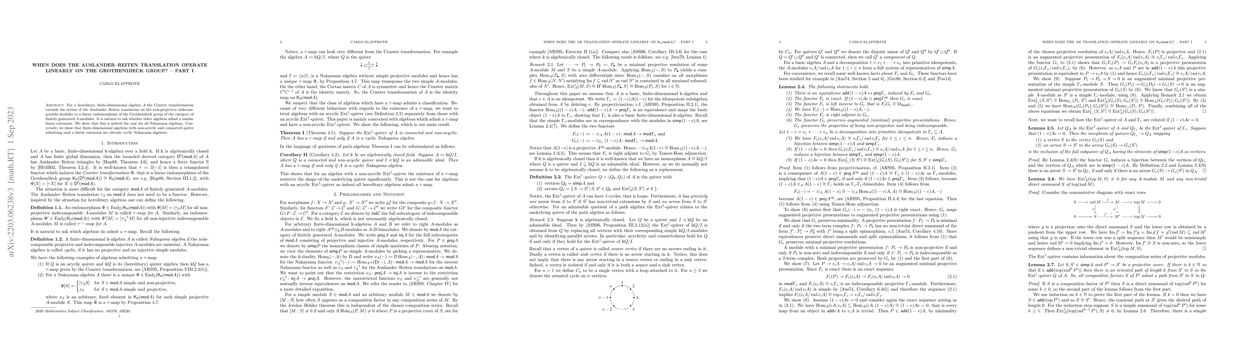 Thumbnail for When does the Auslander-Reiten translation operate linearly on the
  Grothendieck group? -- Part I