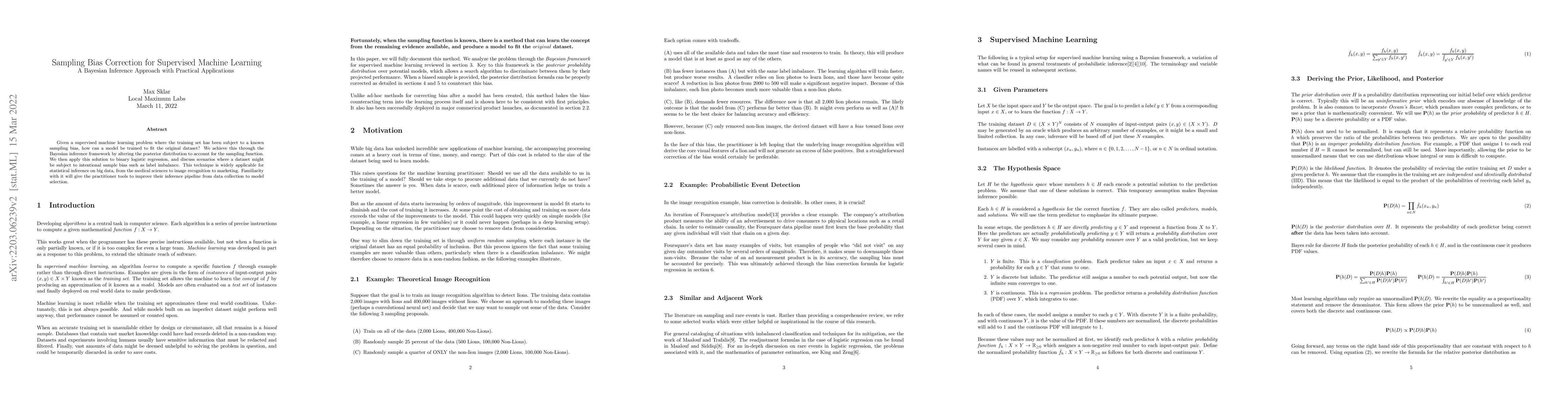 Thumbnail for Sampling Bias Correction for Supervised Machine Learning: A Bayesian
  Inference Approach with Practical Applications