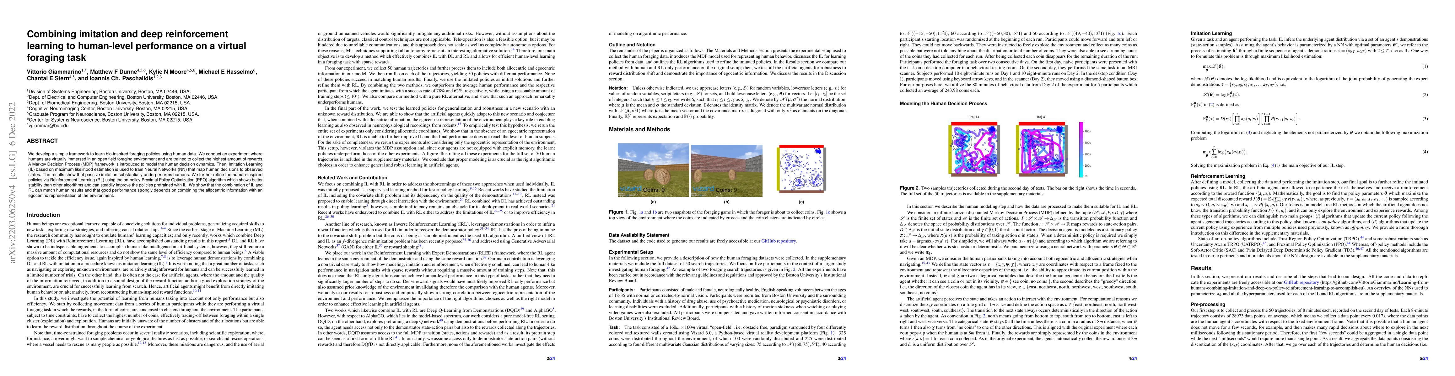 Thumbnail for Combining imitation and deep reinforcement learning to accomplish
  human-level performance on a virtual foraging task