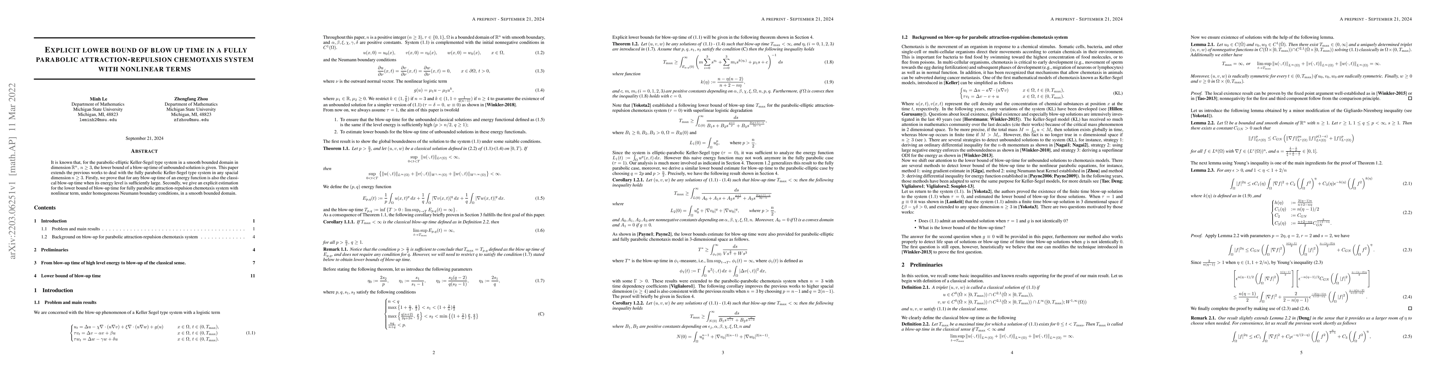 Thumbnail for Explicit lower bound of blow-up time in a fully parabolic
  attraction-repulsion chemotaxis system with nonlinear terms