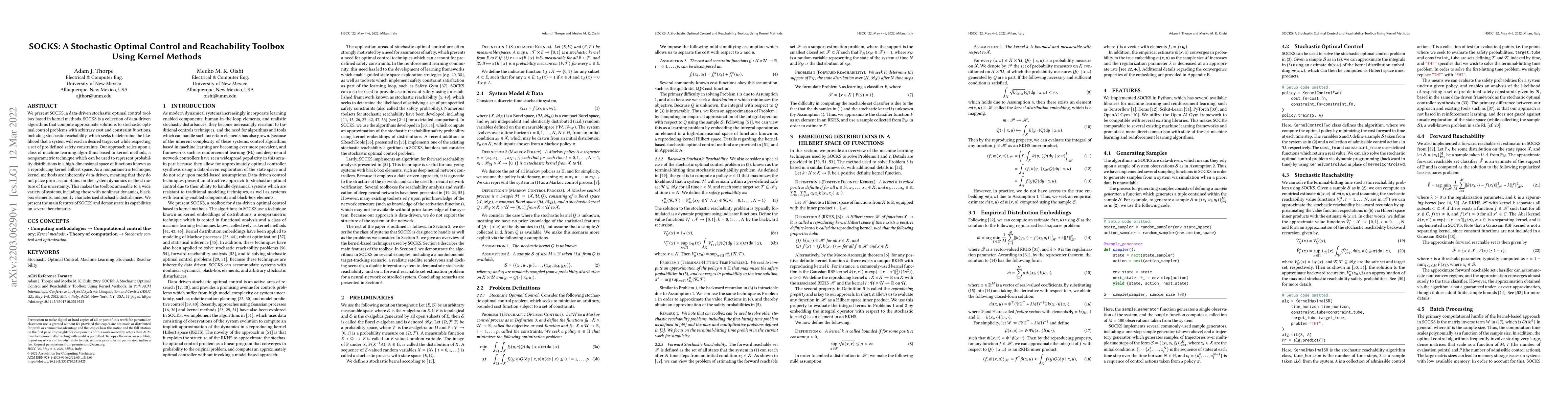 Thumbnail for SOCKS: A Stochastic Optimal Control and Reachability Toolbox Using
  Kernel Methods
