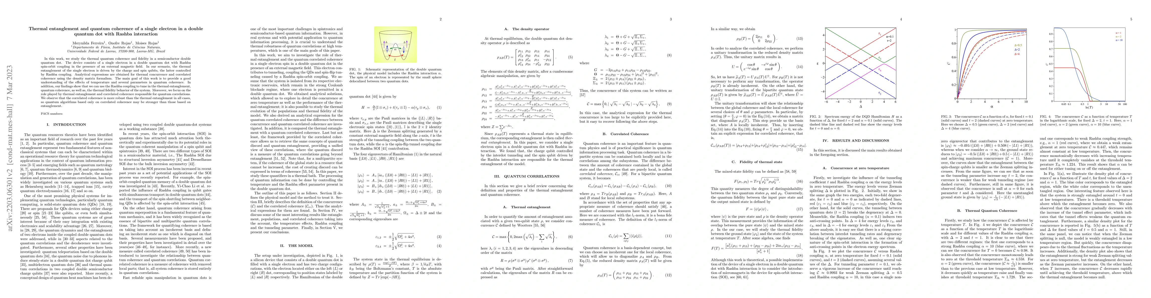 Thumbnail for Thermal entanglement and quantum coherence of a single electron in a
  double quantum dot with Rashba Interaction