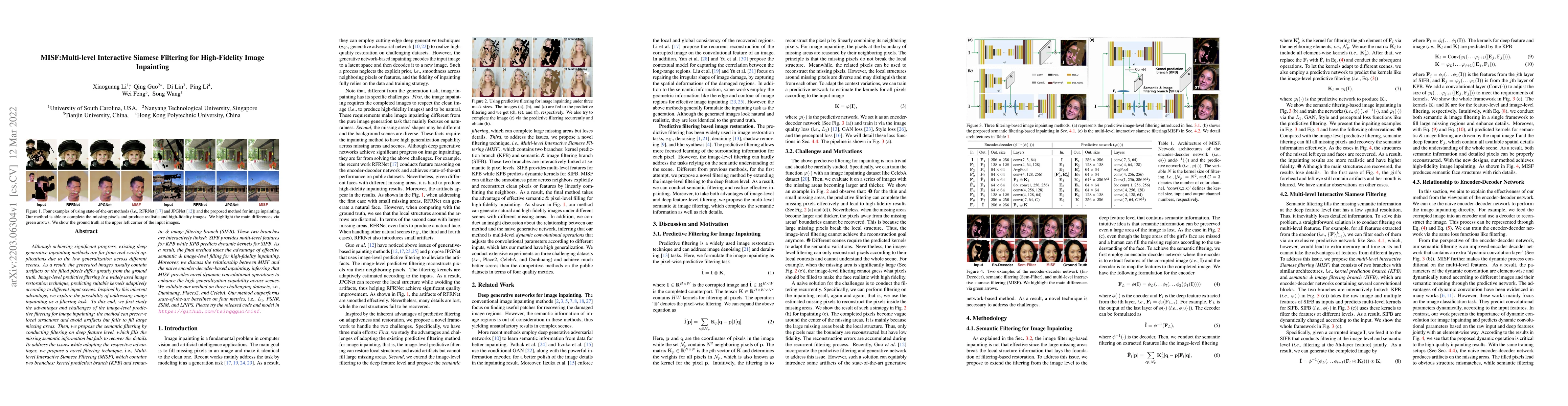Thumbnail for MISF: Multi-level Interactive Siamese Filtering for High-Fidelity Image
  Inpainting
