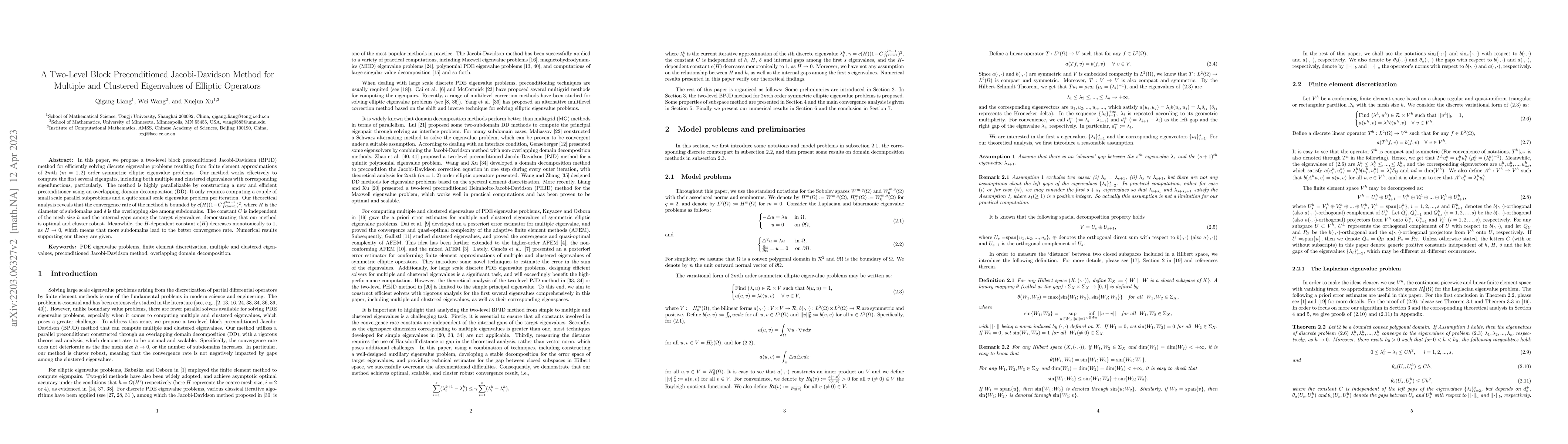 Thumbnail for A Two-Level Block Preconditioned Jacobi-Davidson Method for Multiple and
  Clustered Eigenvalues of Elliptic Operators