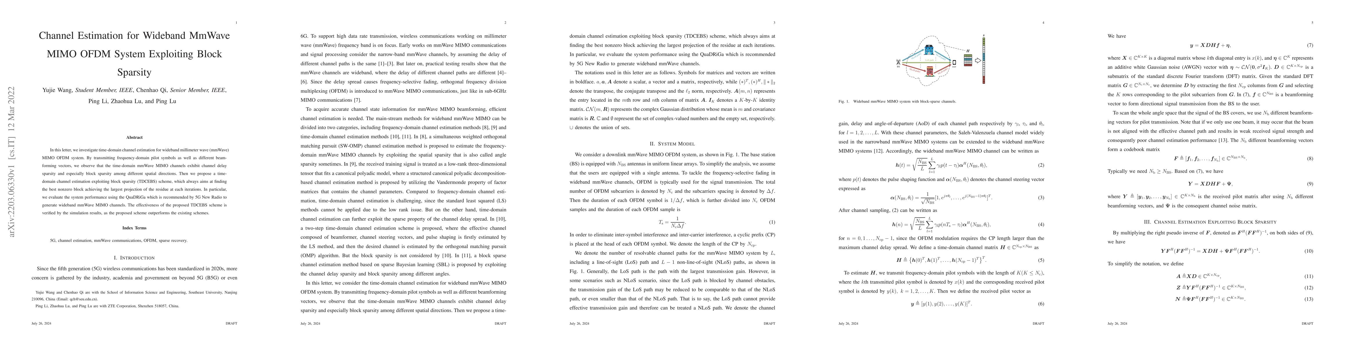 Thumbnail for Channel Estimation for Wideband MmWave MIMO OFDM System Exploiting Block
  Sparsity