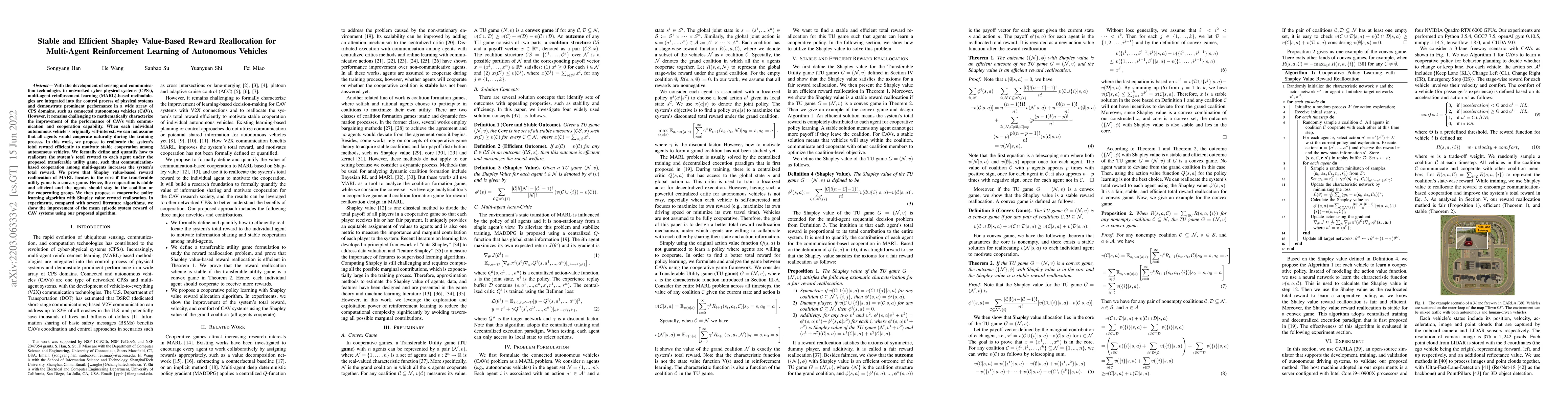 Thumbnail for Stable and Efficient Shapley Value-Based Reward Reallocation for
  Multi-Agent Reinforcement Learning of Autonomous Vehicles
