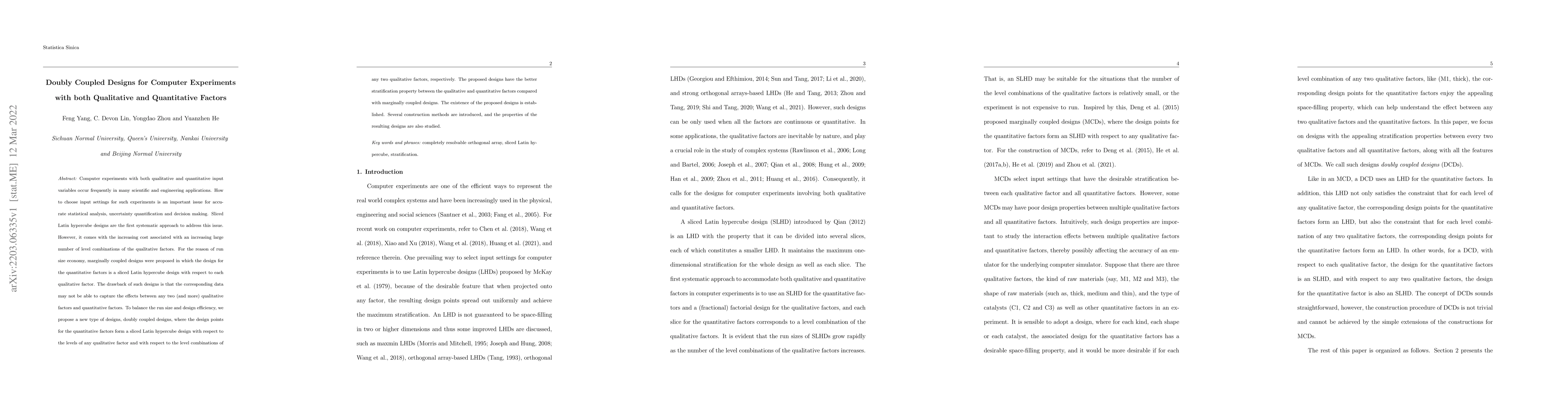 Thumbnail for Doubly Coupled Designs for Computer Experiments with both Qualitative
  and Quantitative Factors