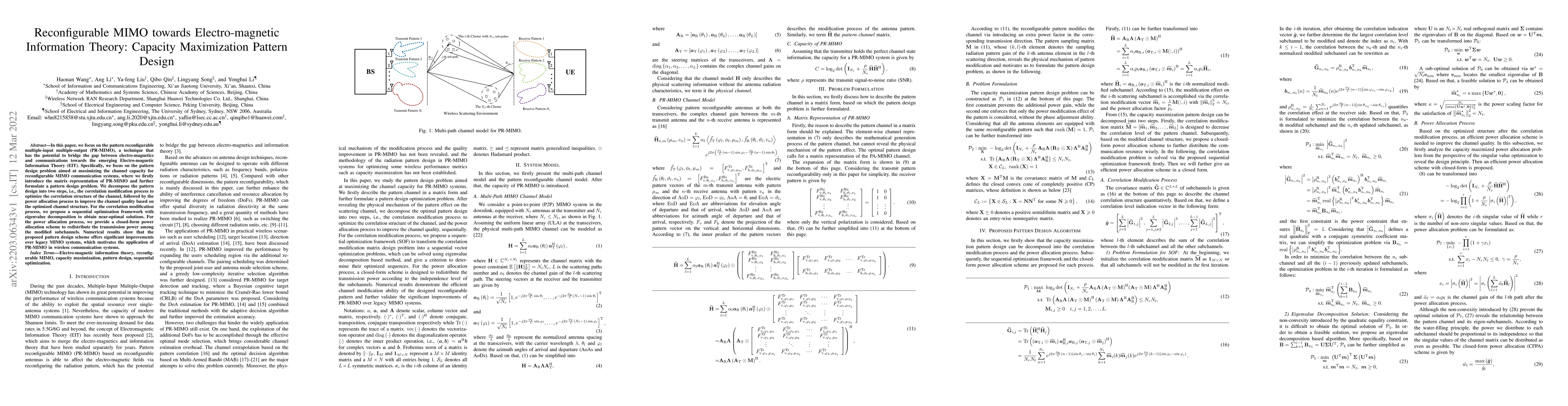 Thumbnail for Reconfigurable MIMO towards Electro-magnetic Information Theory:
  Capacity Maximization Pattern Design