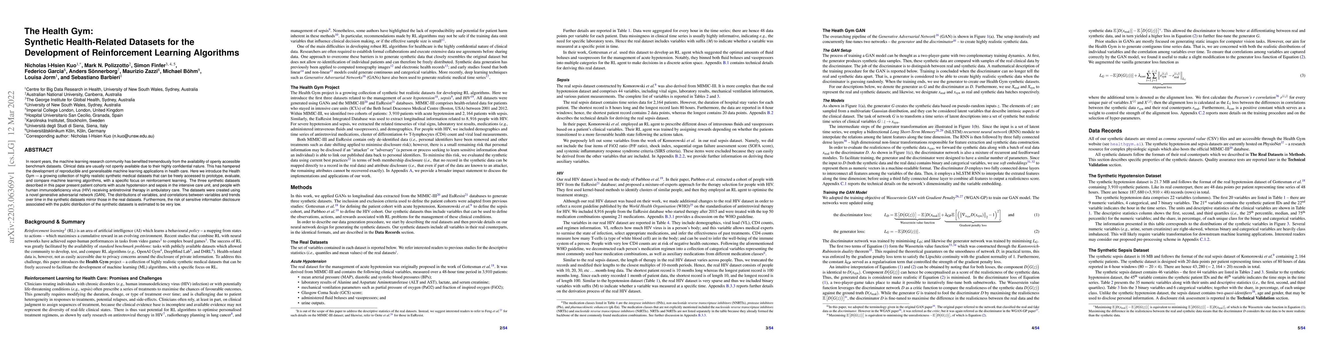 Thumbnail for The Health Gym: Synthetic Health-Related Datasets for the Development of
  Reinforcement Learning Algorithms