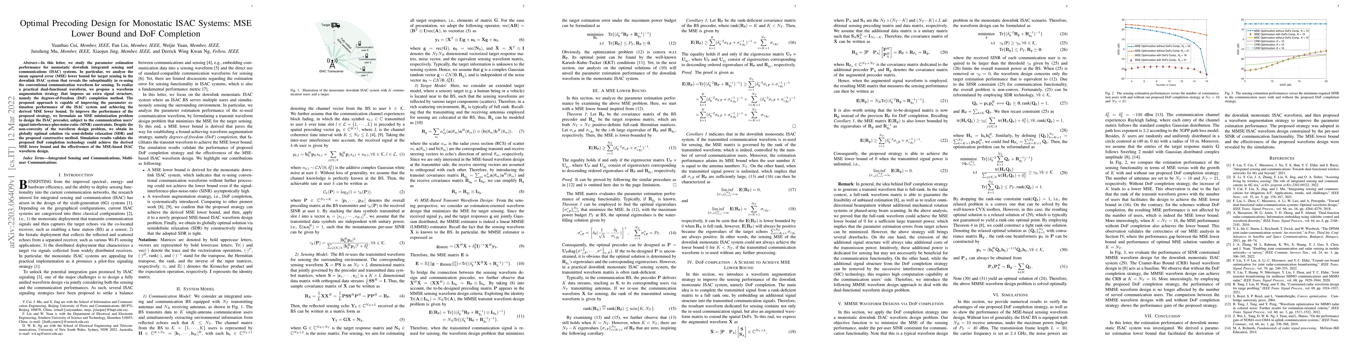 Thumbnail for Optimal Precoding Design for Monostatic ISAC Systems: MSE Lower Bound
  and DoF Completion
