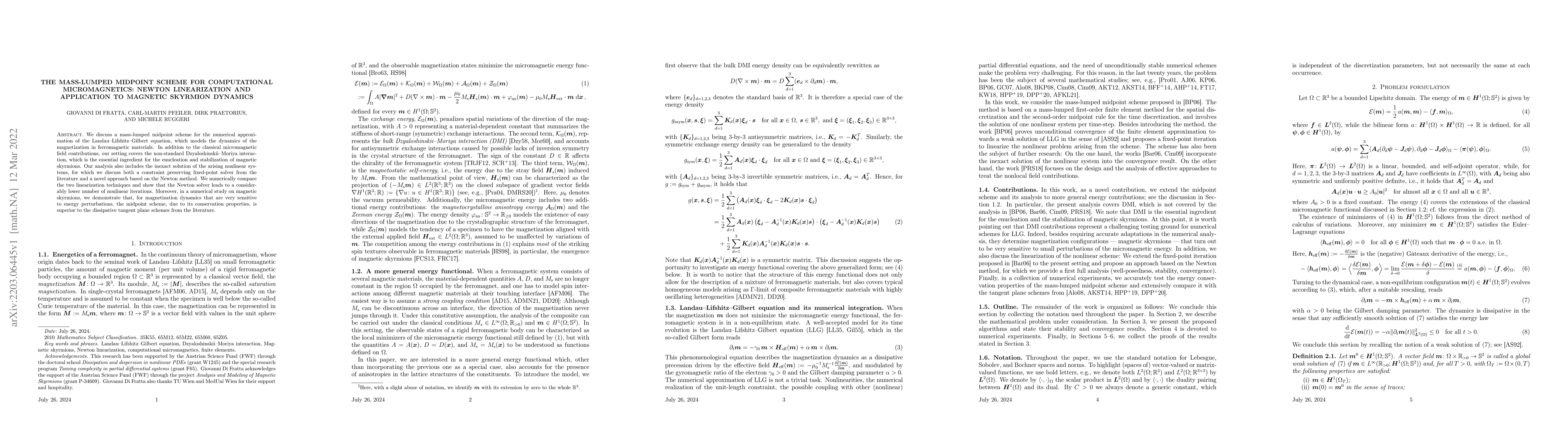 Thumbnail for The mass-lumped midpoint scheme for computational micromagnetics: Newton
  linearization and application to magnetic skyrmion dynamics