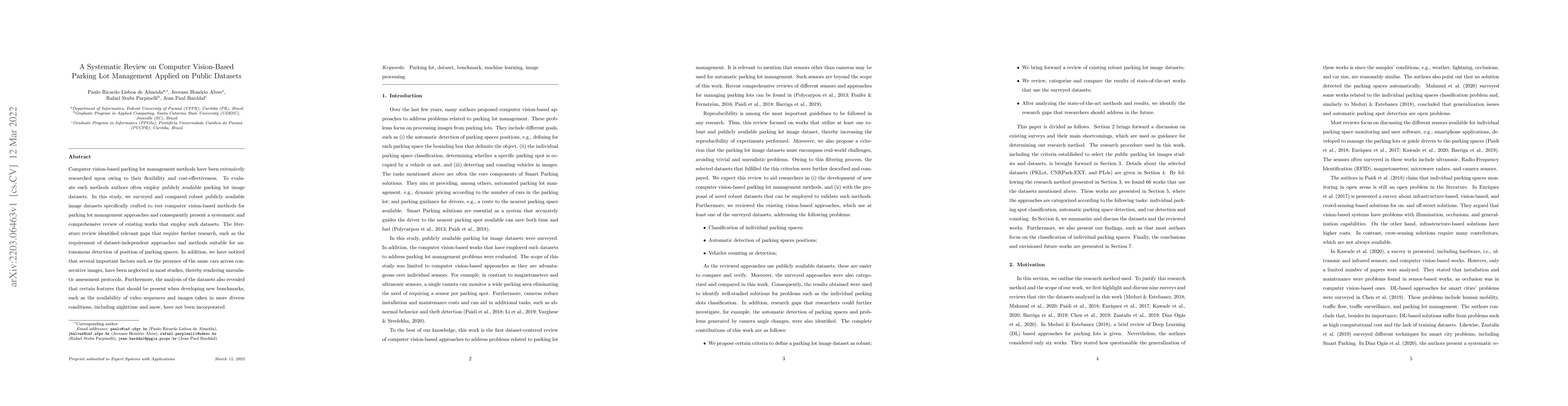 Thumbnail for A Systematic Review on Computer Vision-Based Parking Lot Management
  Applied on Public Datasets