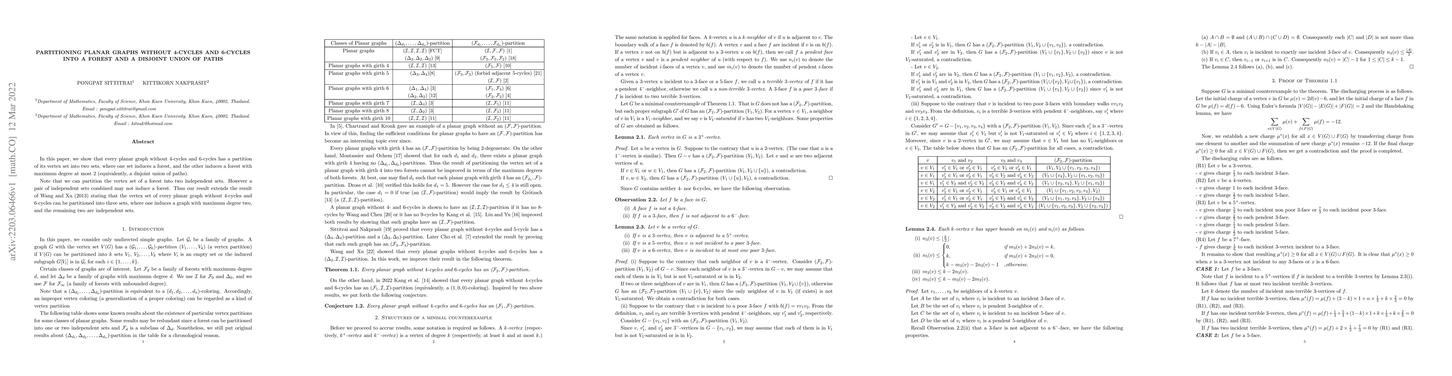 Thumbnail for Partitioning planar graphs without 4-cycles and 6-cycles into a forest
  and a disjoint union of paths