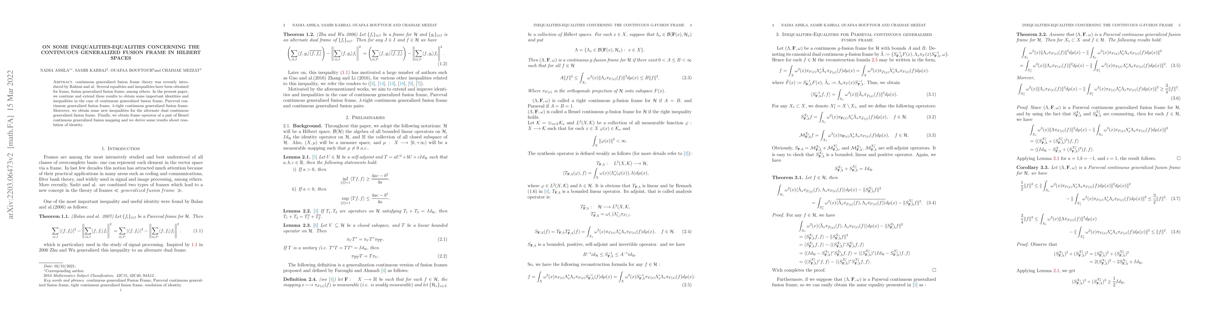 Thumbnail for On Some Inequalities-Equalities Concerning the continuous generalized
  Fusion Frame in Hilbert spaces