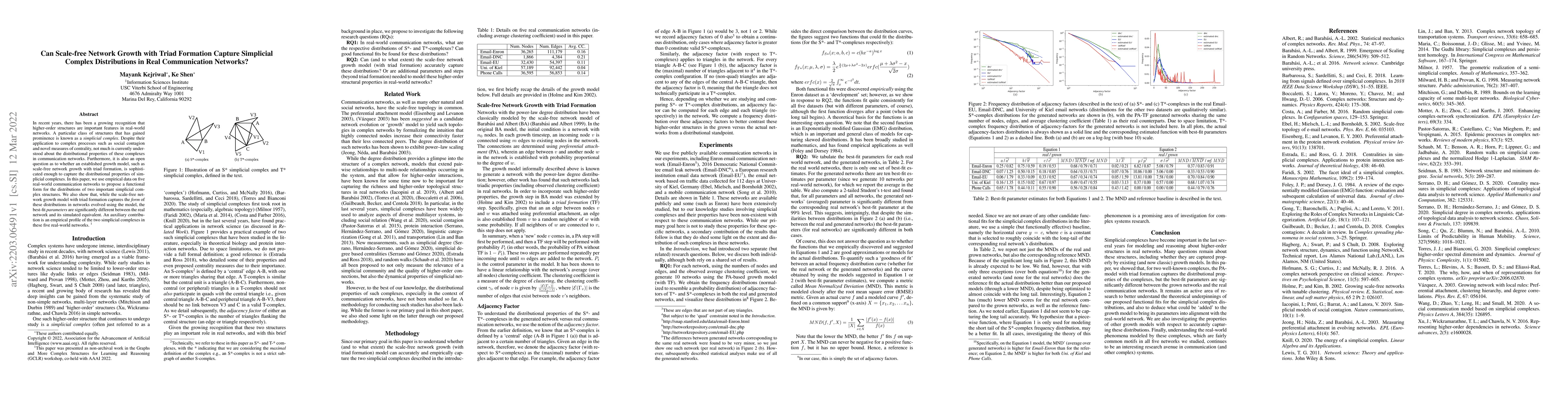 Thumbnail for Can Scale-free Network Growth with Triad Formation Capture Simplicial
  Complex Distributions in Real Communication Networks?