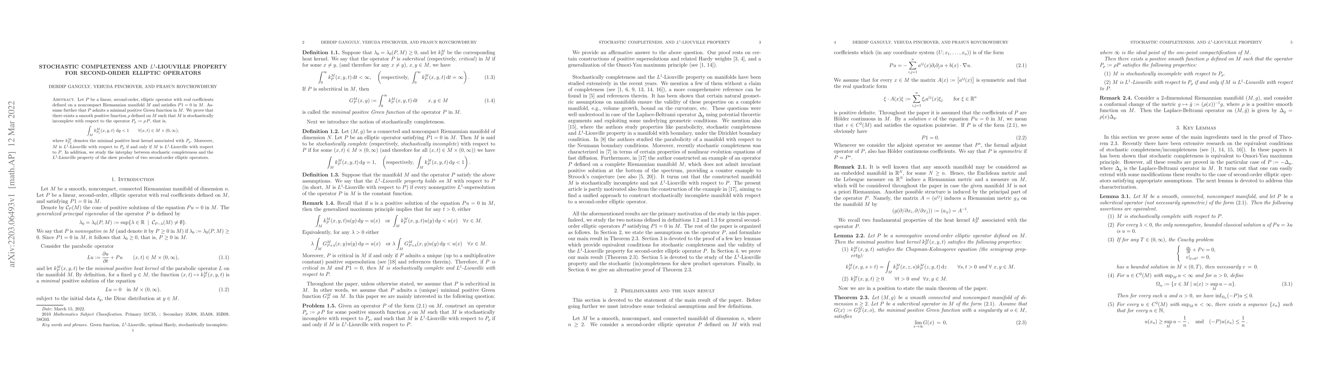 Thumbnail for Stochastic completeness and $L^1$-Liouville property for second-order
  elliptic operators
