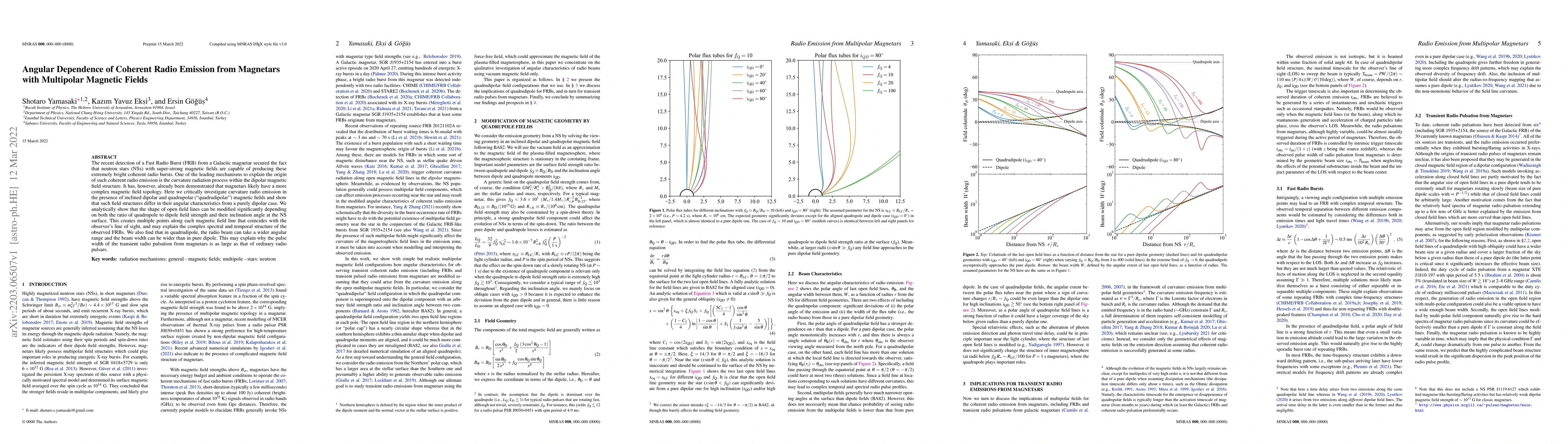 Thumbnail for Angular Dependence of Coherent Radio Emission from Magnetars with
  Multipolar Magnetic Fields