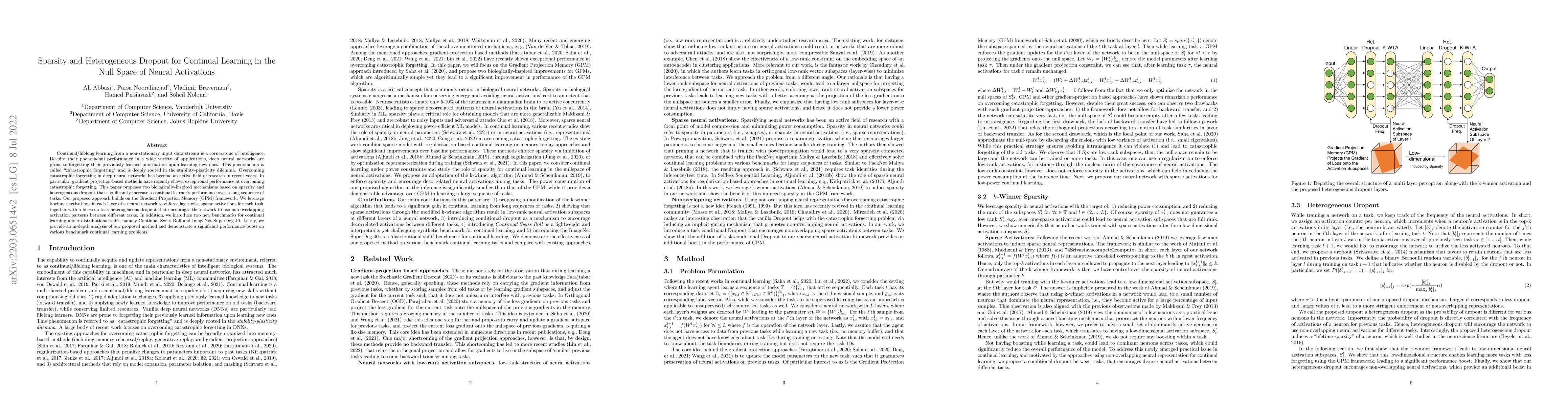 Thumbnail for Sparsity and Heterogeneous Dropout for Continual Learning in the Null
  Space of Neural Activations