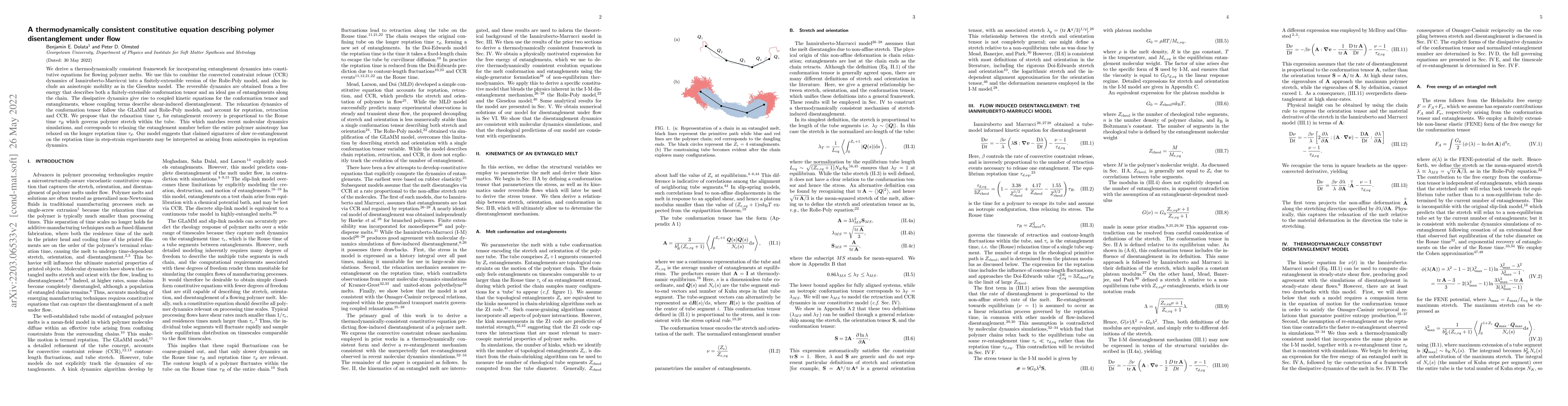 Thumbnail for A thermodynamically consistent constitutive equation describing polymer
  disentanglement under flow