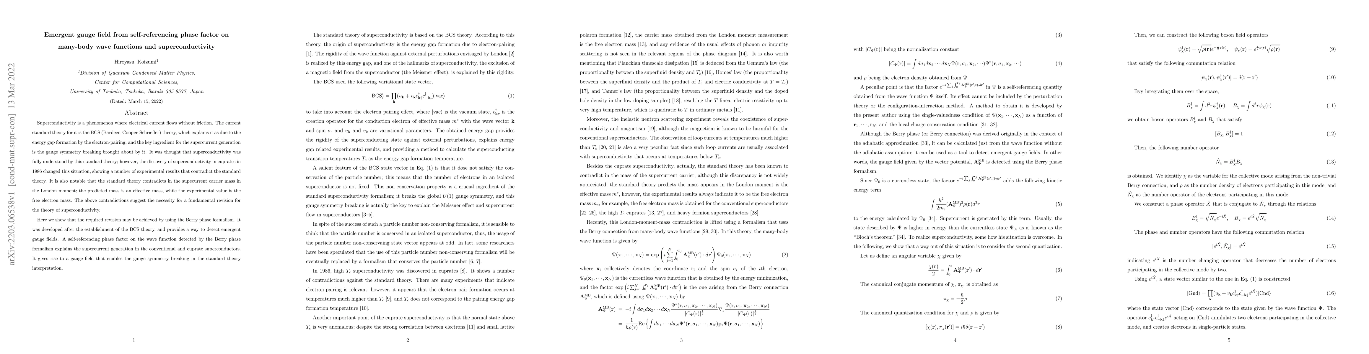 Thumbnail for Emergent gauge field from self-referencing phase factor on many-body
  wave functions and superconductivity