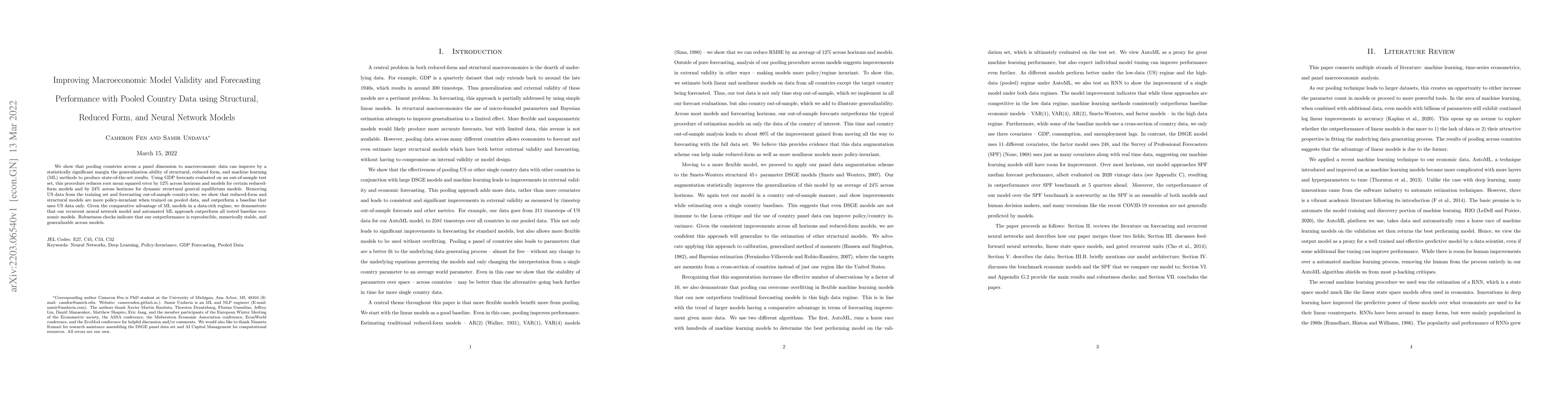 Thumbnail for Improving Macroeconomic Model Validity and Forecasting Performance with
  Pooled Country Data using Structural, Reduced Form, and Neural Network Model