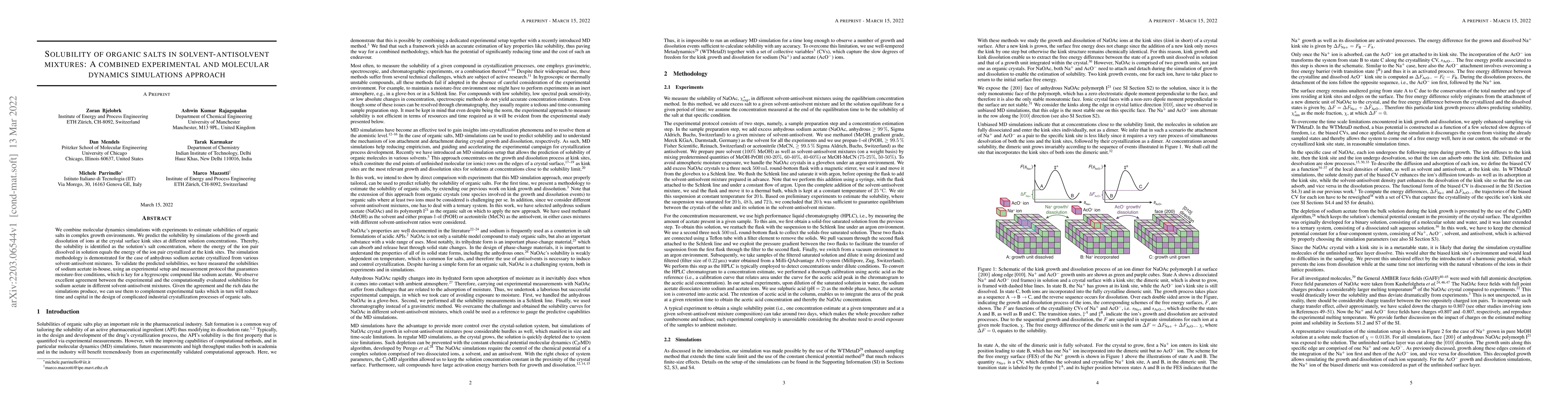 Thumbnail for Solubility of organic salts in solvent-antisolvent mixtures: A combined
  experimental and molecular dynamics simulations approach