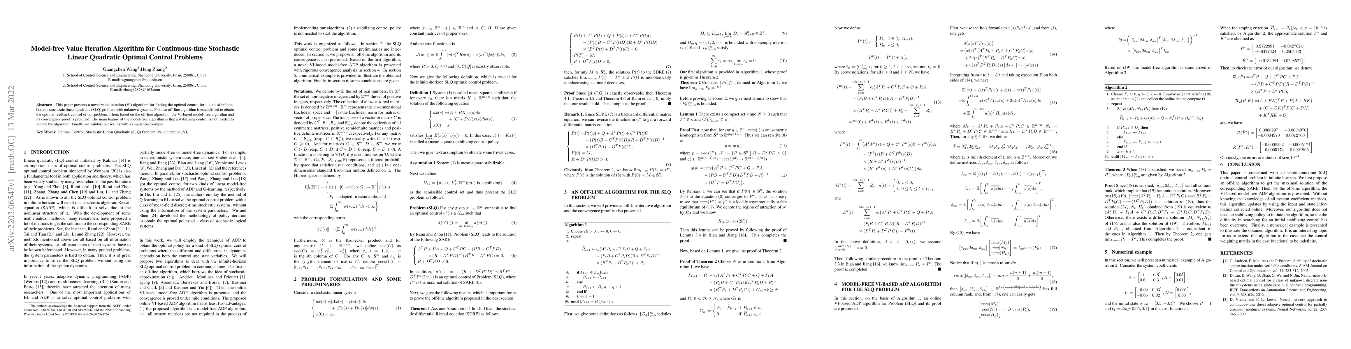 Thumbnail for Model-free Value Iteration Algorithm for Continuous-time Stochastic
  Linear Quadratic Optimal Control Problems