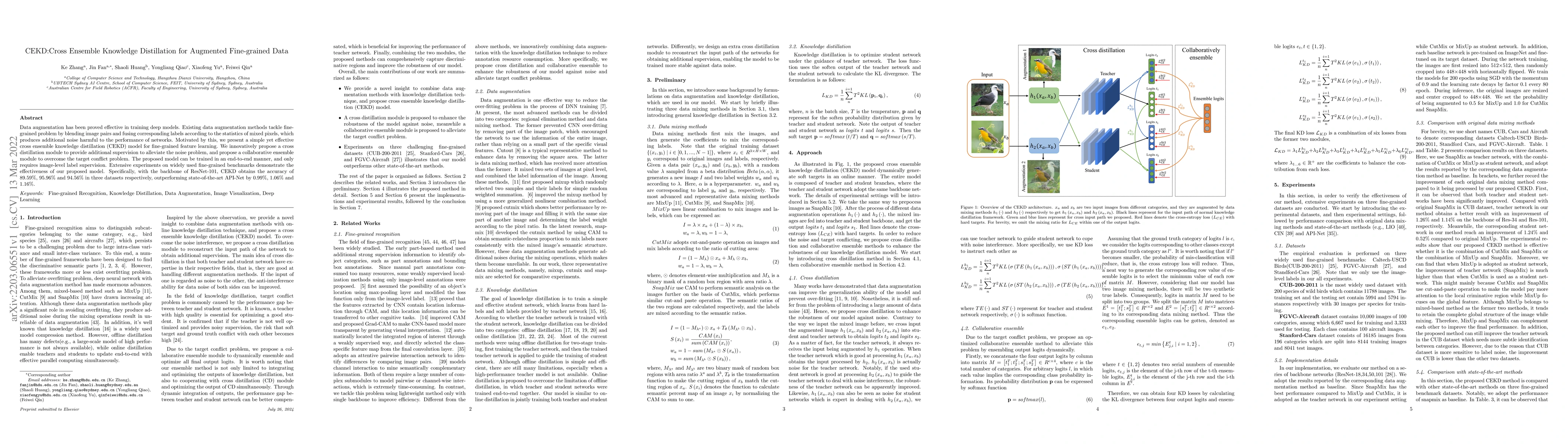 Thumbnail for CEKD:Cross Ensemble Knowledge Distillation for Augmented Fine-grained
  Data
