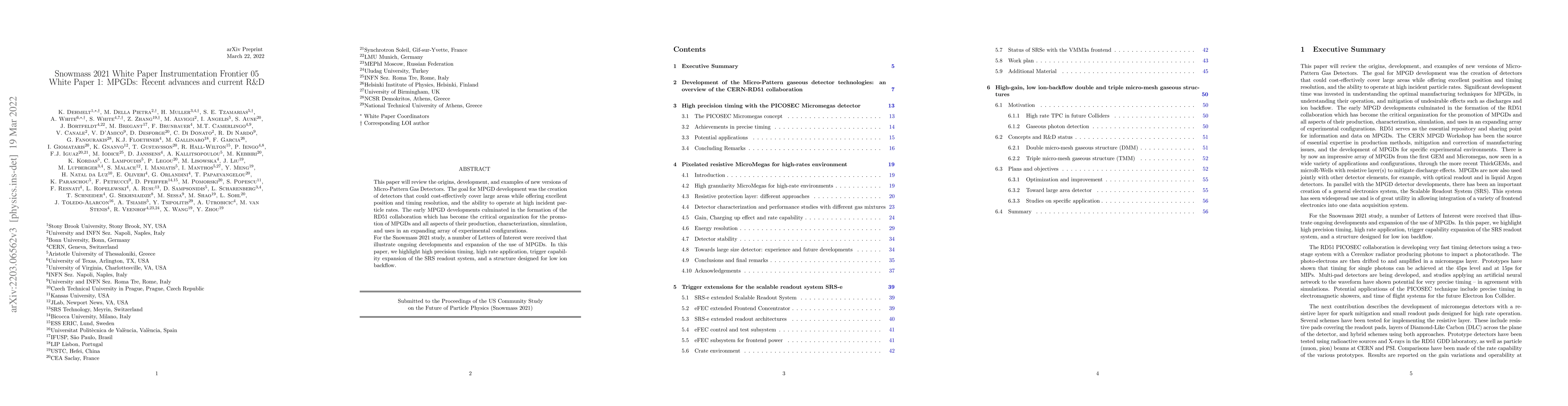 Thumbnail for Snowmass 2021 White Paper Instrumentation Frontier 05 -- White Paper 1:
  MPGDs: Recent advances and current R&D