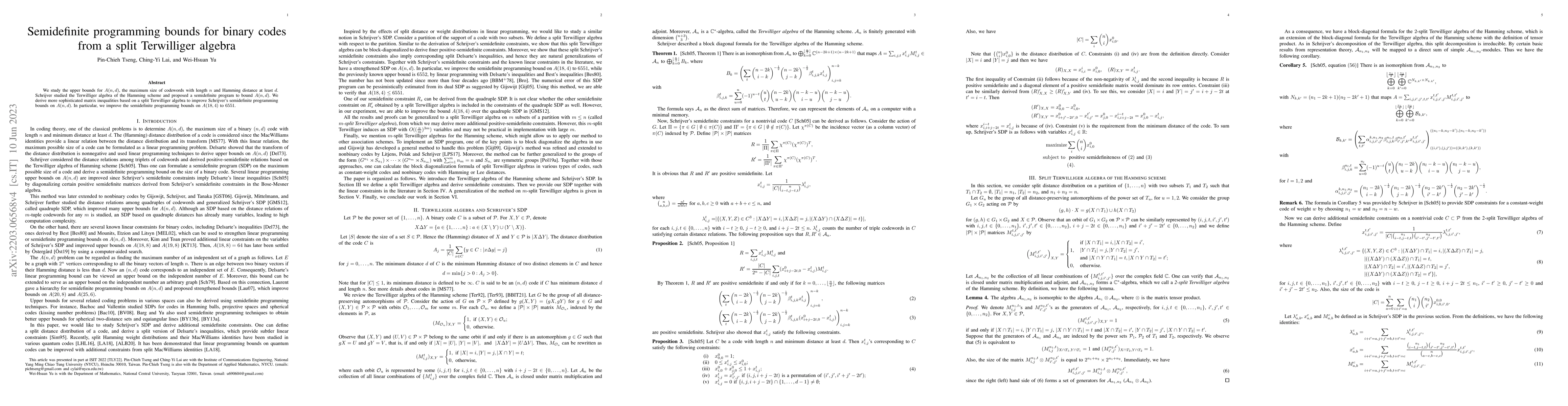 Thumbnail for Semidefinite programming bounds for binary codes from a split
  Terwilliger algebra