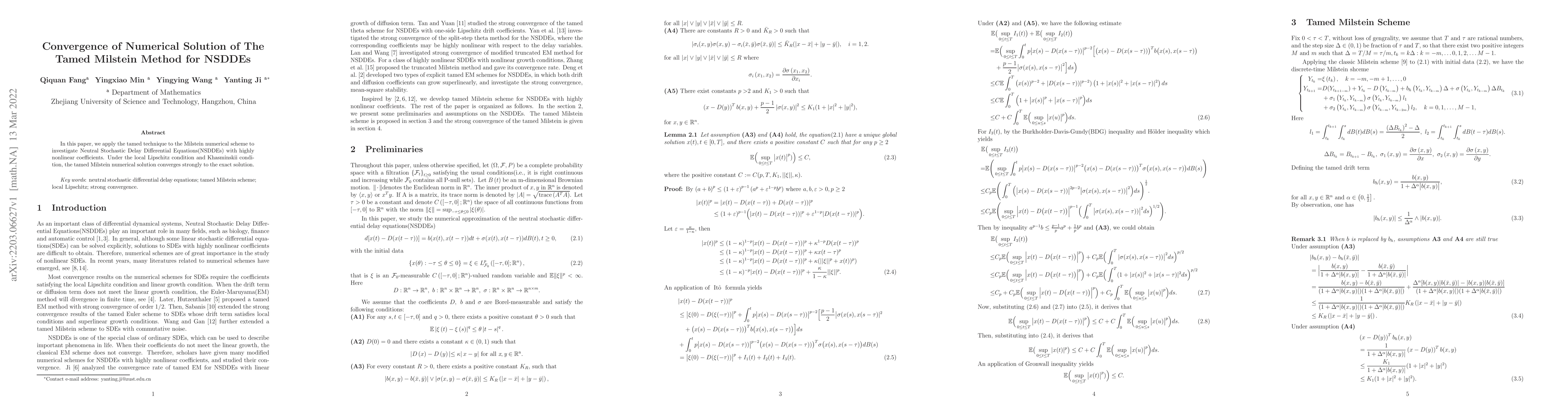 Thumbnail for Convergence of Numerical Solution of The Tamed Milstein Method for
  NSDDEs