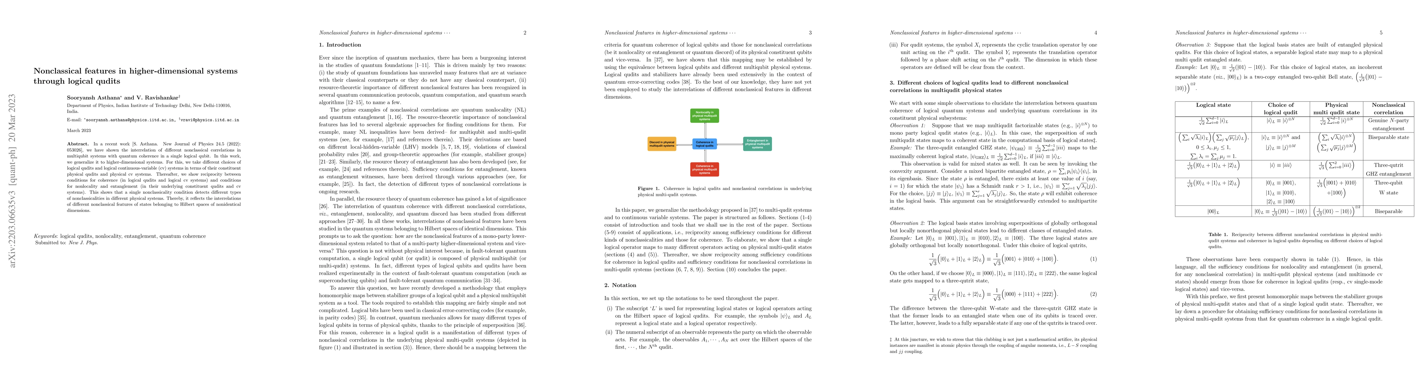Thumbnail for Nonclassical features in higher-dimensional systems through logical
  qudits