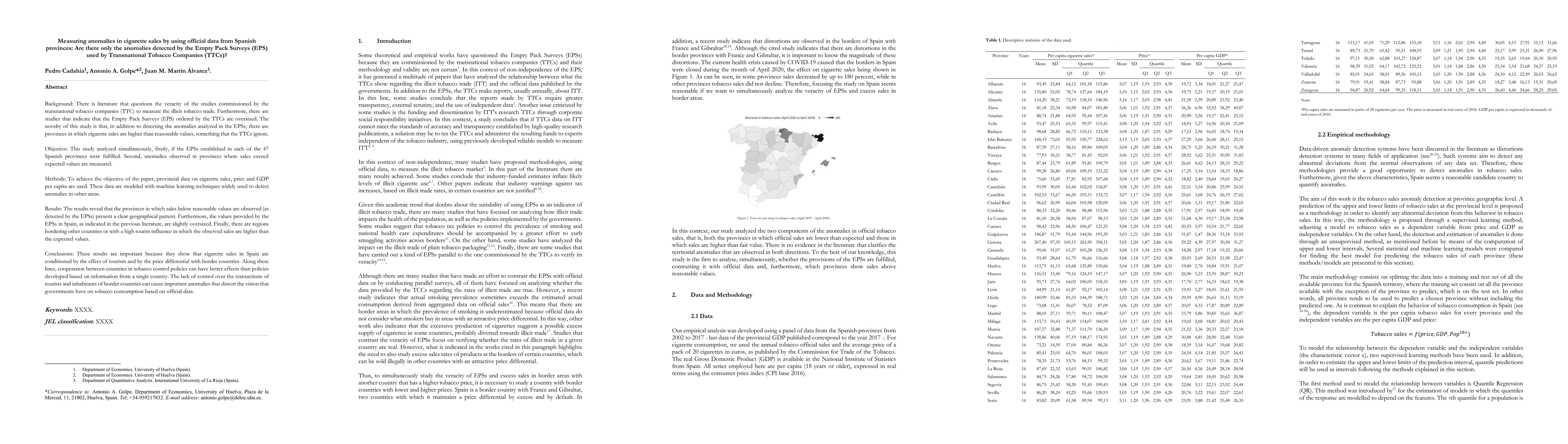 Thumbnail for Measuring anomalies in cigarette sales by using official data from
  Spanish provinces: Are there only the anomalies detected by the Empty Pack
  Surveys (EPS) used by Transnational Tobacco Companies (TTCs)?
