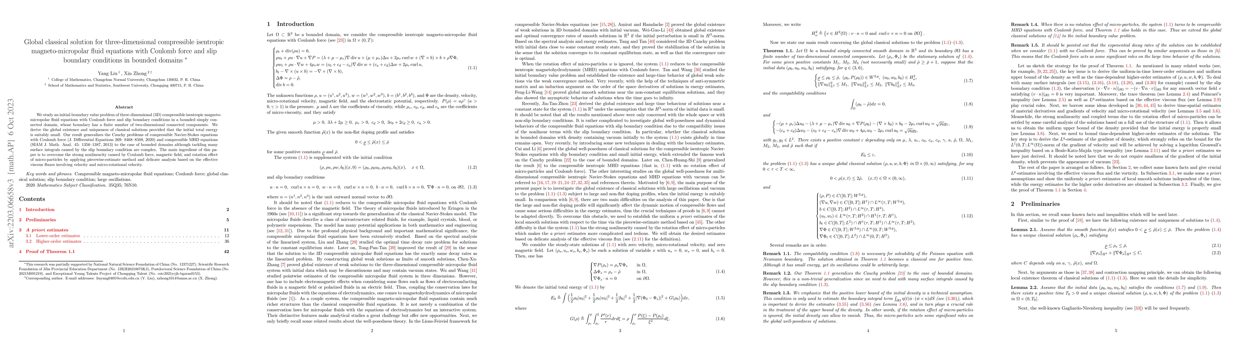 Thumbnail for Global classical solution for three-dimensional compressible isentropic
  magneto-micropolar fluid equations with Coulomb force and slip boundary
  condition in bounded domains