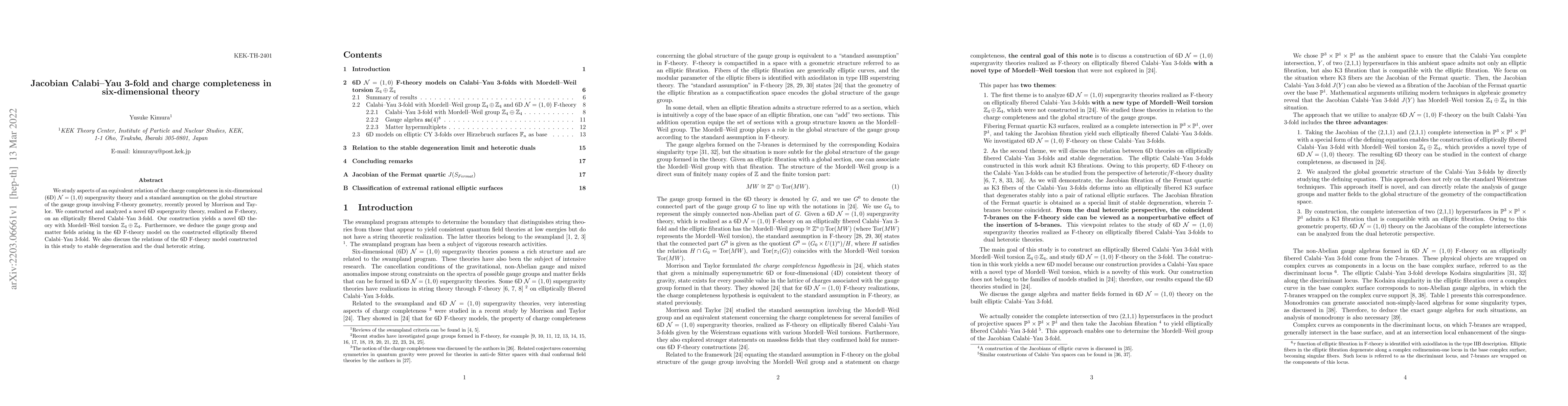 Thumbnail for Jacobian Calabi-Yau 3-fold and charge completeness in six-dimensional
  theory