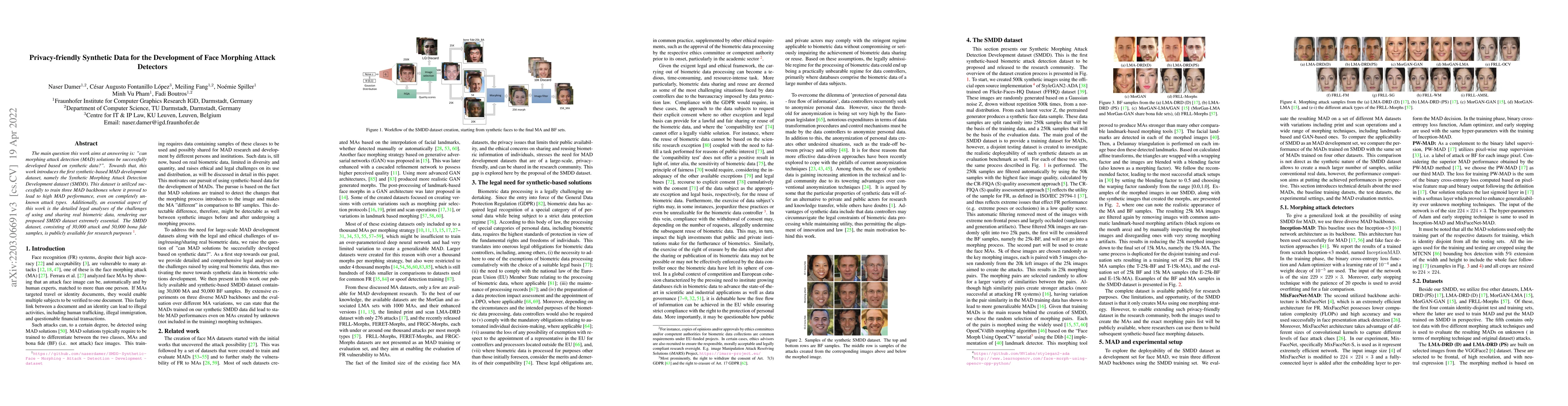 Thumbnail for Privacy-friendly Synthetic Data for the Development of Face Morphing
  Attack Detectors