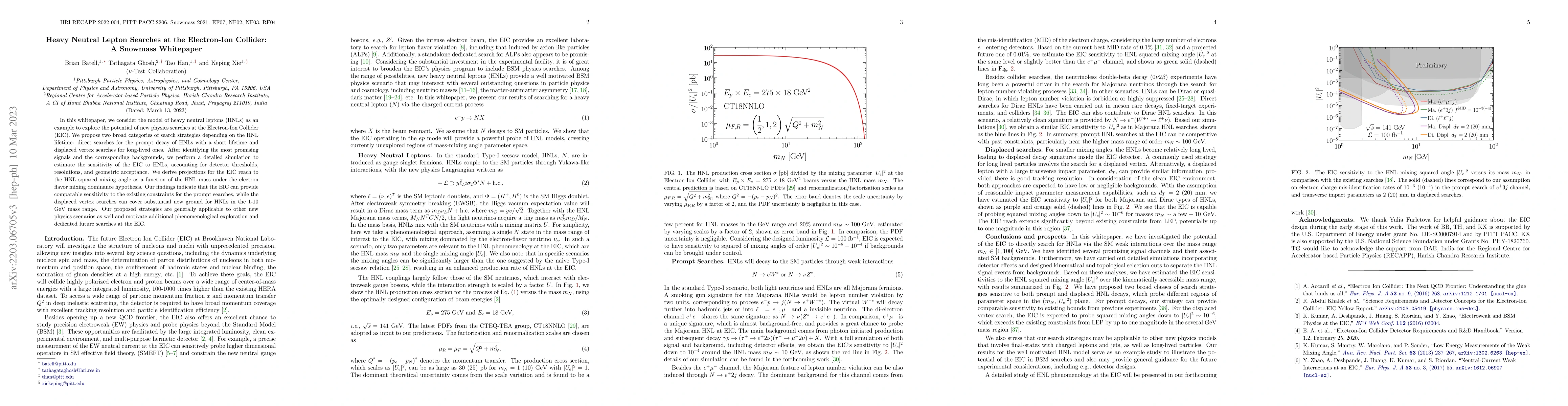 Thumbnail for Heavy Neutral Lepton Searches at the Electron-Ion Collider: A Snowmass
  Whitepaper
