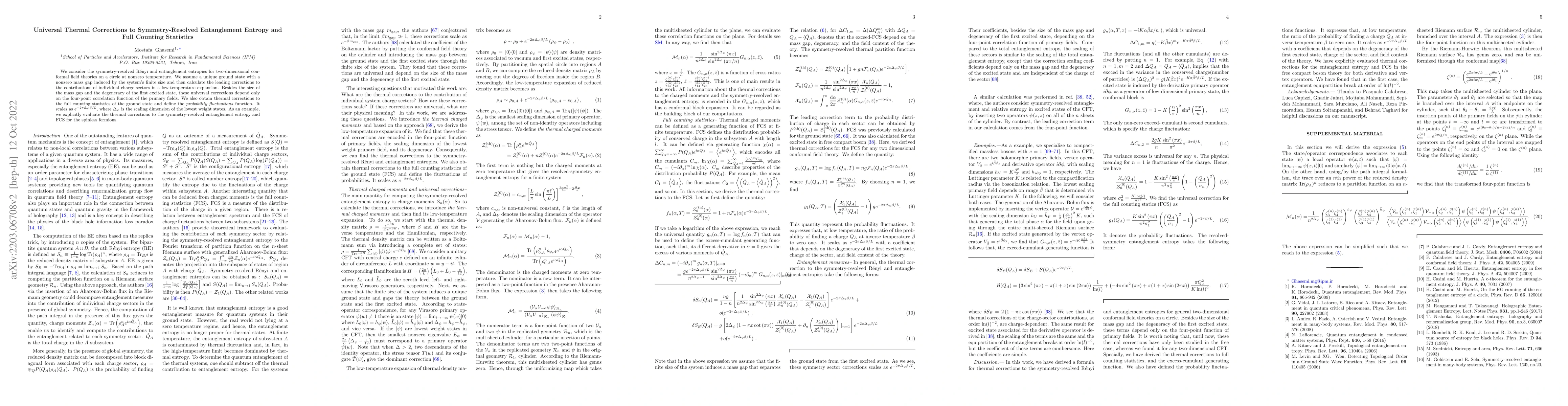 Thumbnail for Universal Thermal Corrections to Symmetry-Resolved Entanglement Entropy
  and Full Counting Statistics