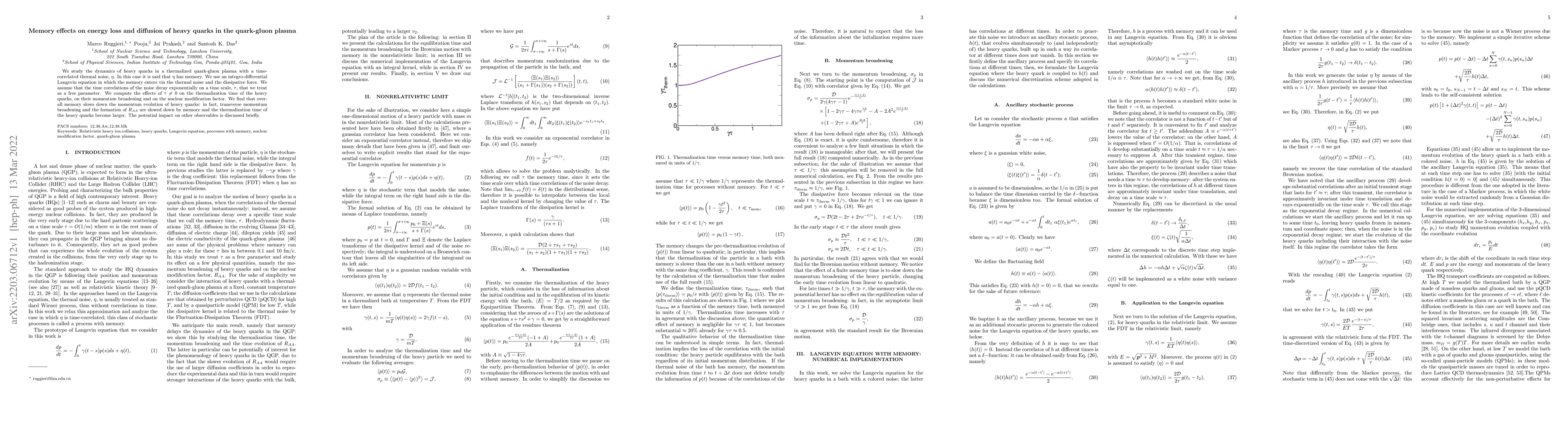 Thumbnail for Memory effects on energy loss and diffusion of heavy quarks in the
  quark-gluon plasma